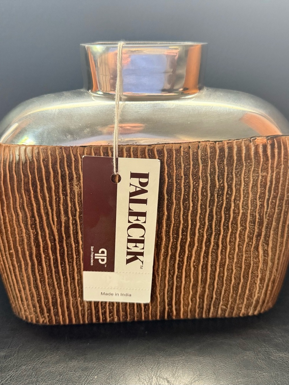 NWT Palecek "Low Bark Vase" Mixed Media Metal & Faux Bark Tabletop Decor